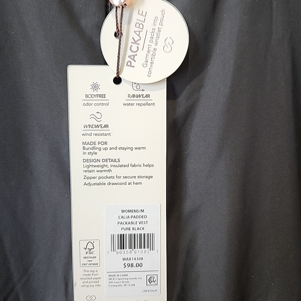 Calia Padded Packable Vest With Hood Pure Black Cinch Waist Women's M - Picture 2 of 5